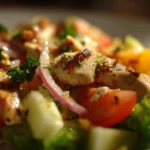 Fresh summer chicken salad with vibrant vegetables and dressing
