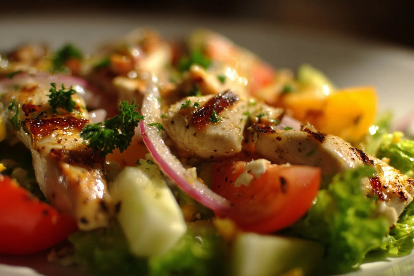 Fresh summer chicken salad with vibrant vegetables and dressing