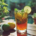A colorful summer cocktail garnished with fresh fruit in a sunny outdoor setting