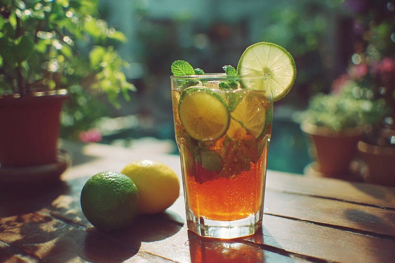 A colorful summer cocktail garnished with fresh fruit in a sunny outdoor setting