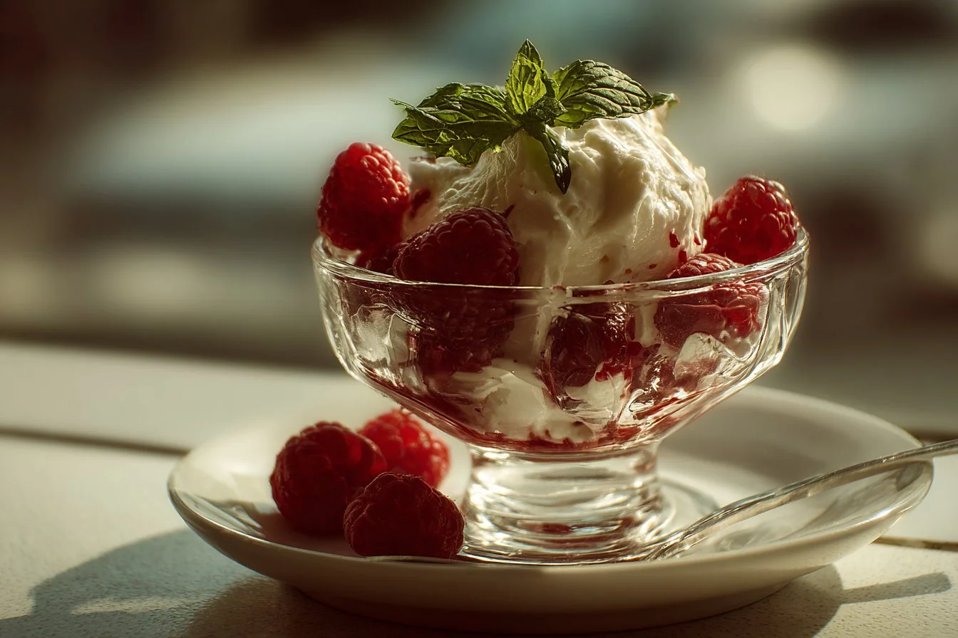 A refreshing summer dessert featuring fresh fruits and creamy ice cream.
