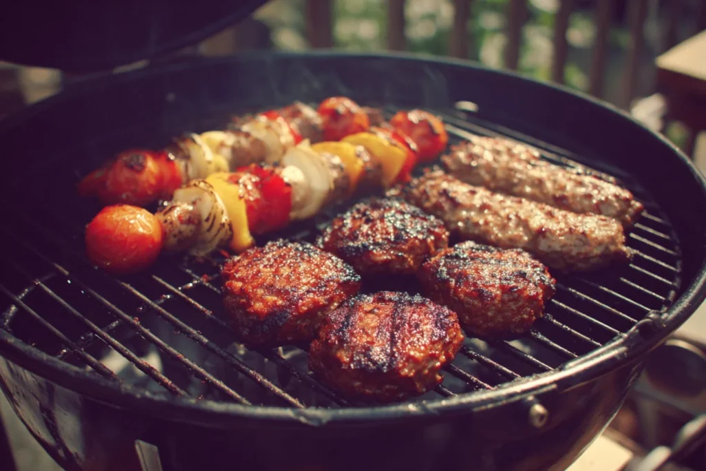 Various summer grilling recipes on a BBQ grill with vibrant fresh ingredients.