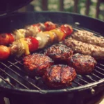 Various summer grilling recipes on a BBQ grill with vibrant fresh ingredients.