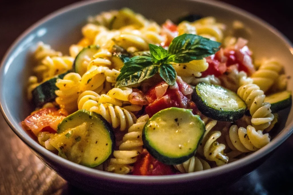 Colorful summer pasta salad with vegetables and dressing in a bowl
