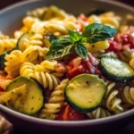 Colorful summer pasta salad with vegetables and dressing in a bowl