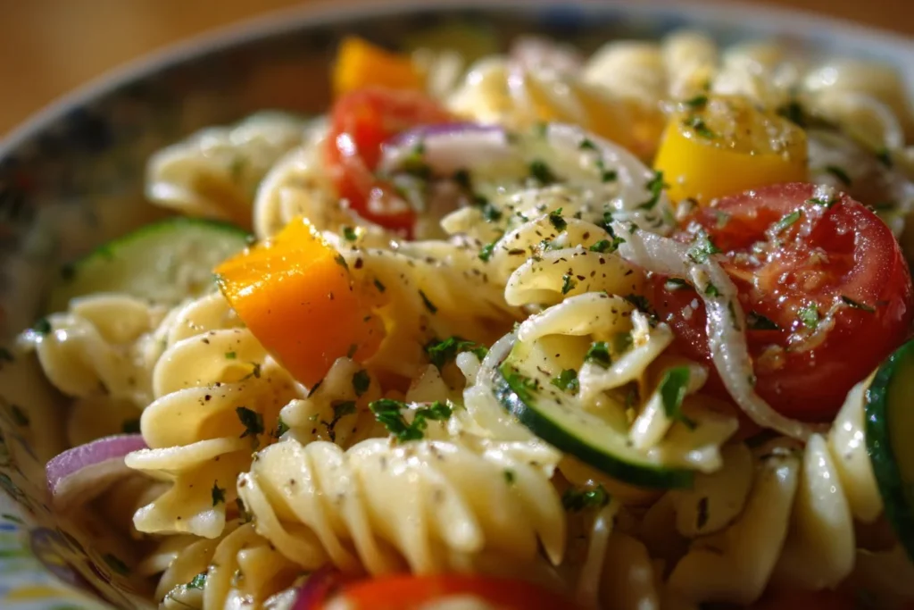 Delicious Summer Pasta Salad with fresh vegetables and dressing