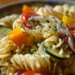 Delicious Summer Pasta Salad with fresh vegetables and dressing