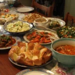 Colorful spread of summer potluck dishes on a picnic table