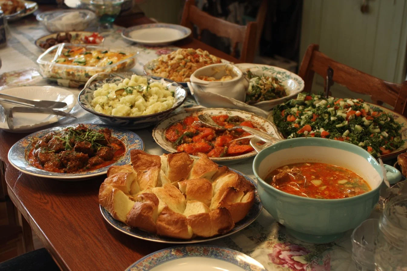 Colorful spread of summer potluck dishes on a picnic table