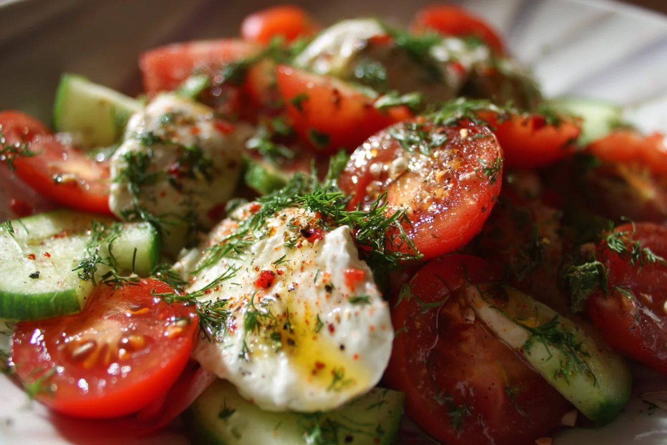 A colorful bowl of summer salad with fresh vegetables and herbs.