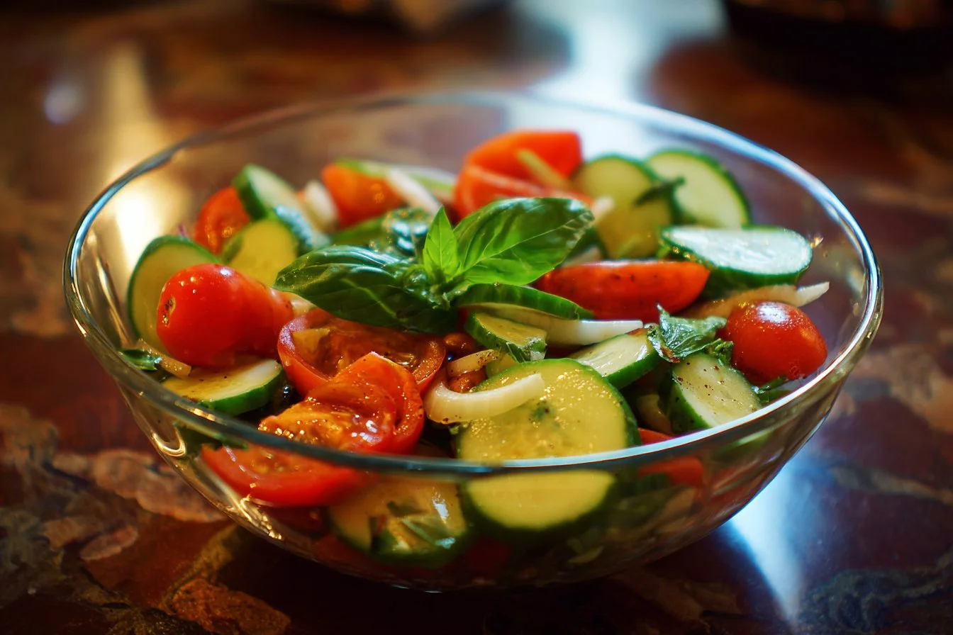 Fresh summer salad with seasonal vegetables and dressing