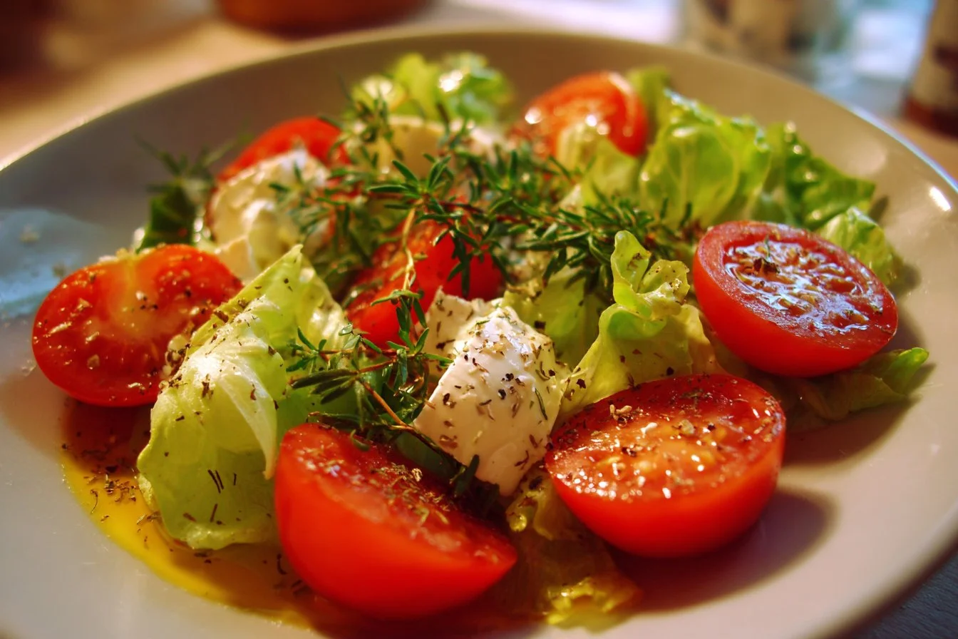 Colorful summer salad with fresh vegetables and dressing