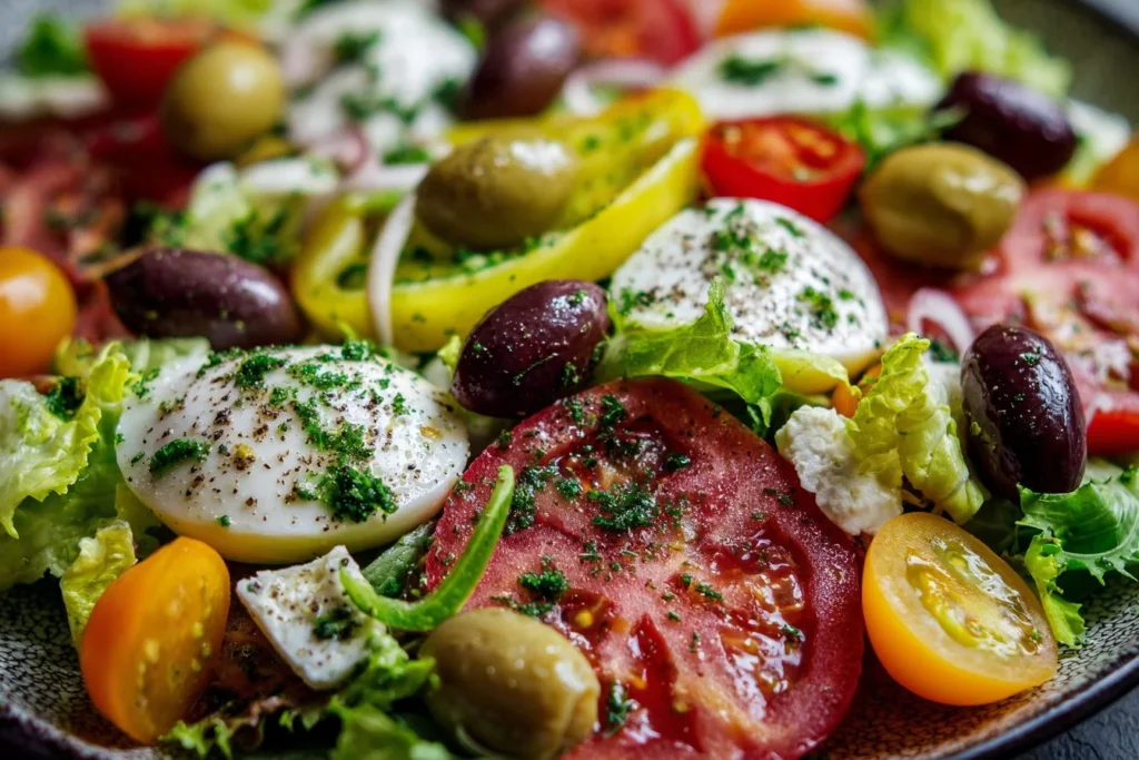 Colorful assortment of fresh summer salads with seasonal vegetables and fruits.