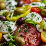 Colorful assortment of fresh summer salads with seasonal vegetables and fruits.