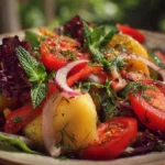 A colorful bowl of fresh summer salads with vegetables and dressing