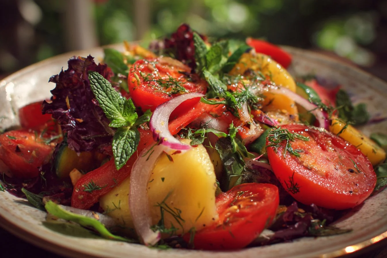 A colorful bowl of fresh summer salads with vegetables and dressing