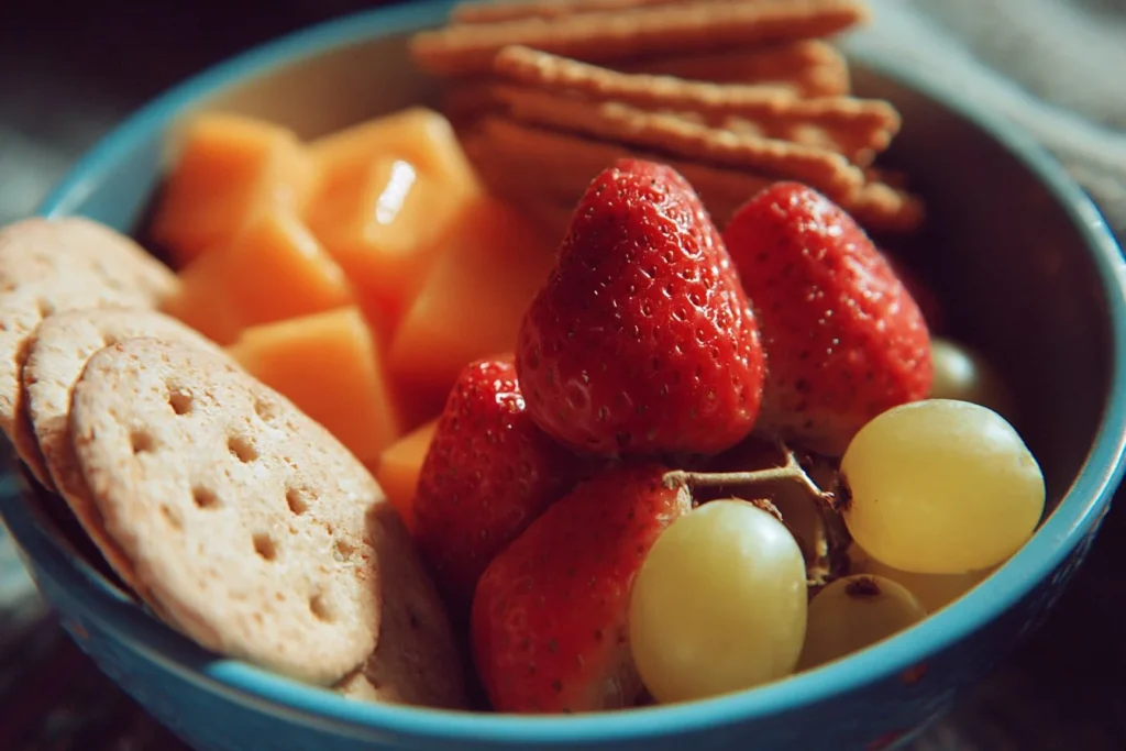 Colorful and healthy summer snacks for kids on a picnic table