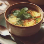 A bowl of vibrant summer soup with fresh vegetables and herbs.
