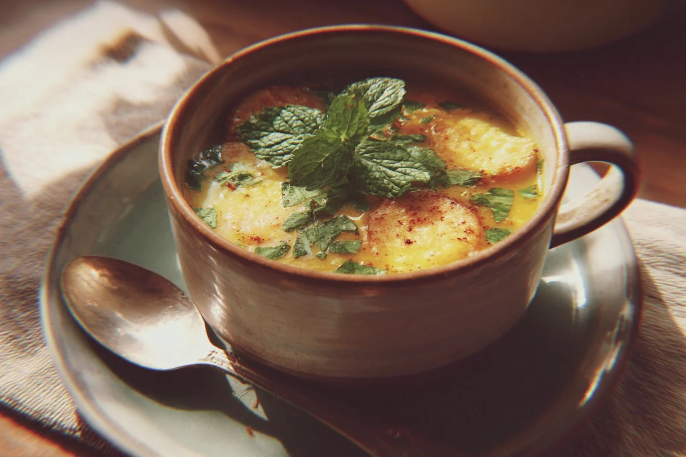 A bowl of vibrant summer soup with fresh vegetables and herbs.