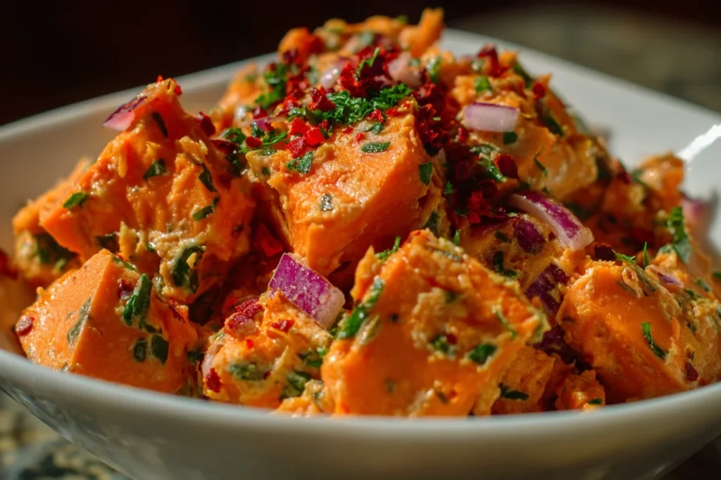 Colorful sweet potato salad with fresh vegetables and dressing