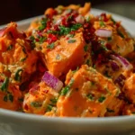 Colorful sweet potato salad with fresh vegetables and dressing