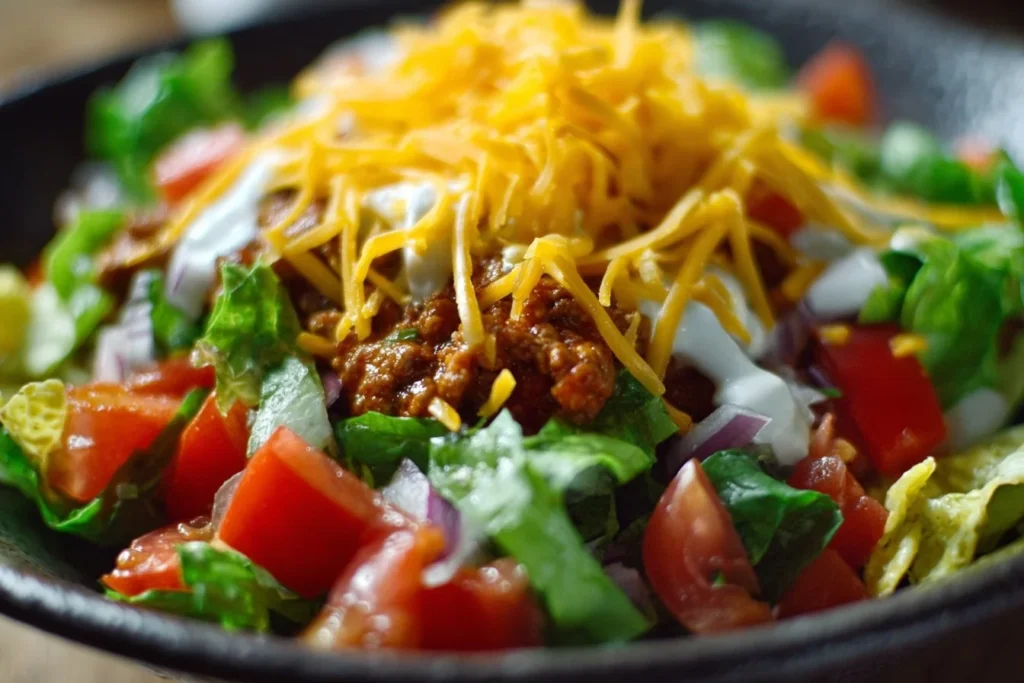 Colorful and fresh taco salad topped with cheese and salsa