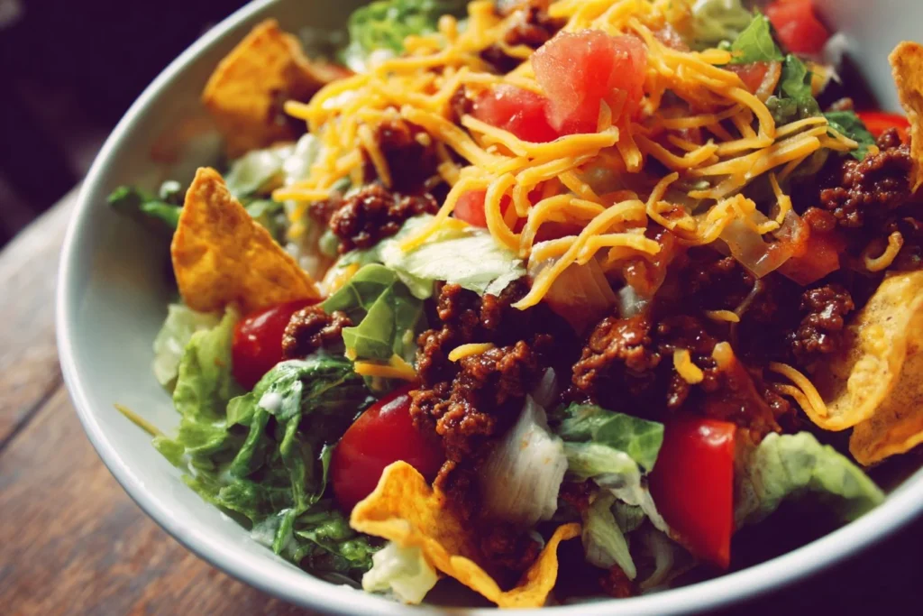 Colorful and fresh Taco Salad served in a bowl with toppings