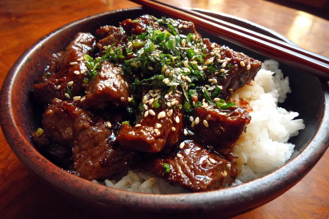 Delicious Teriyaki Beef Bowl garnished with vegetables and sesame seeds