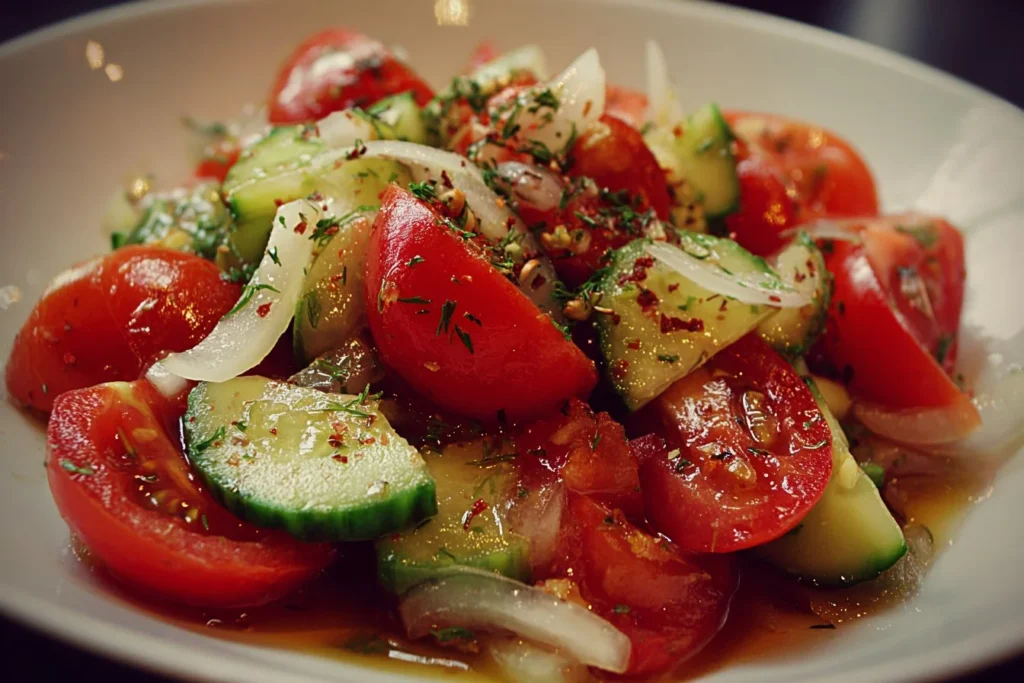 Fresh Tomato Cucumber Salad with colorful ingredients in a bowl.