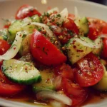 Fresh Tomato Cucumber Salad with colorful ingredients in a bowl.