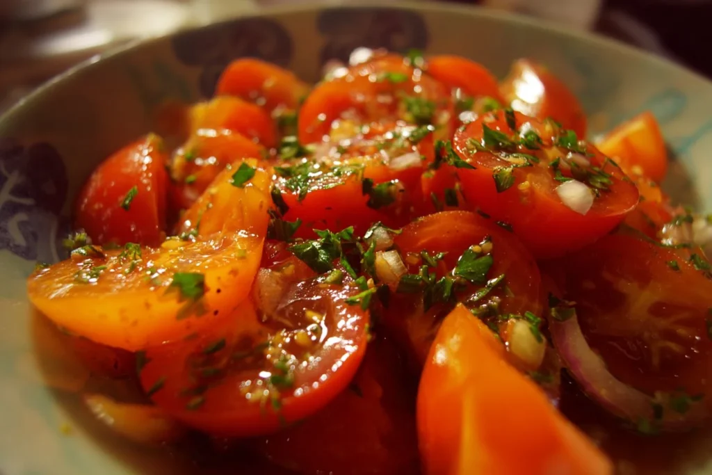 Freshly prepared Tomato Salad with vibrant vegetables and herbs