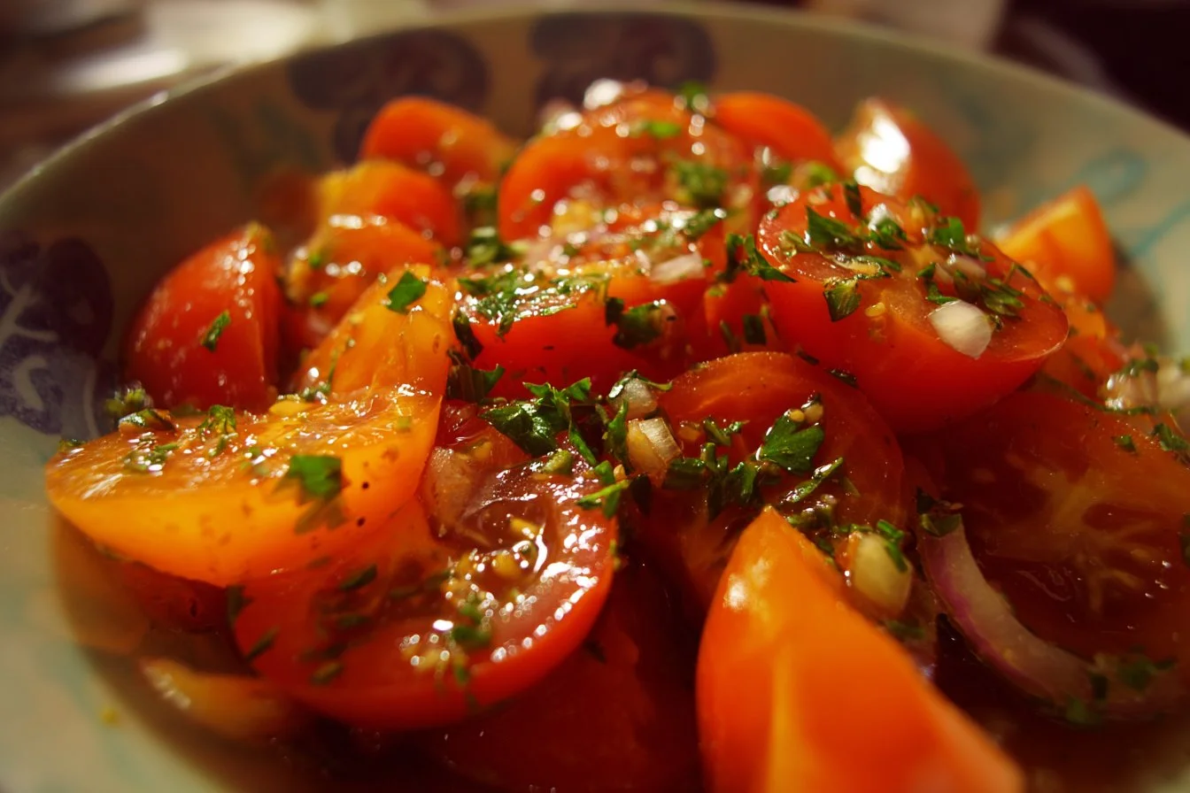 Freshly prepared Tomato Salad with vibrant vegetables and herbs