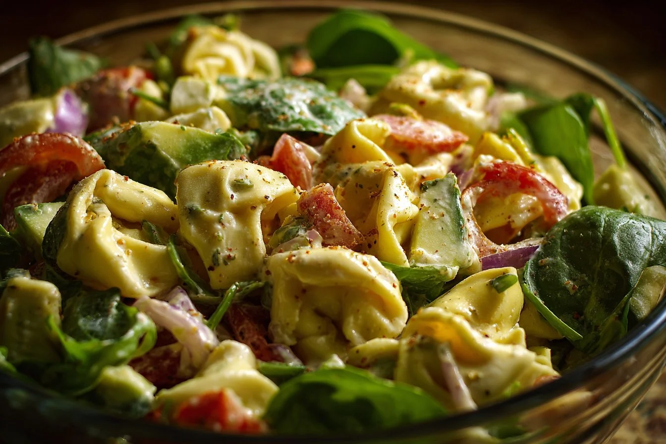 Chilled tortellini pasta salad with colorful vegetables and dressing