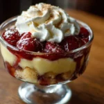 Delicious layered trifle dessert with fruits, cream, and cake