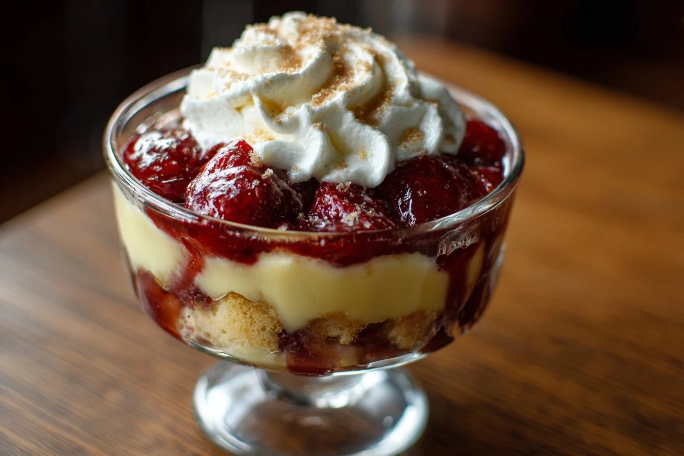 Delicious layered trifle dessert with fruits, cream, and cake