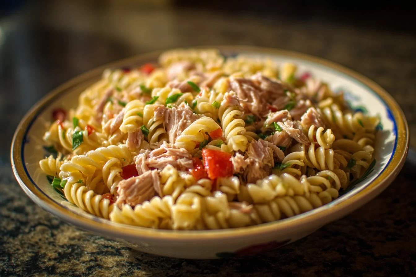 Fresh Tuna Pasta Salad with vegetables and dressing, served in a bowl.