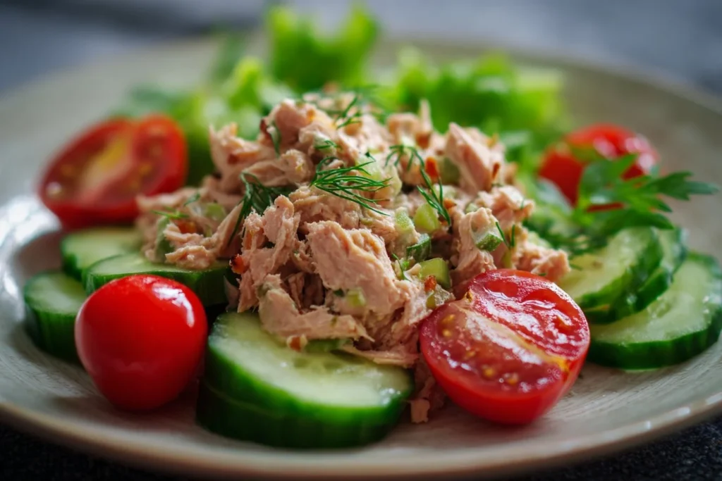 Delicious homemade tuna salad served in a bowl with fresh ingredients.