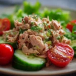 Delicious homemade tuna salad served in a bowl with fresh ingredients.