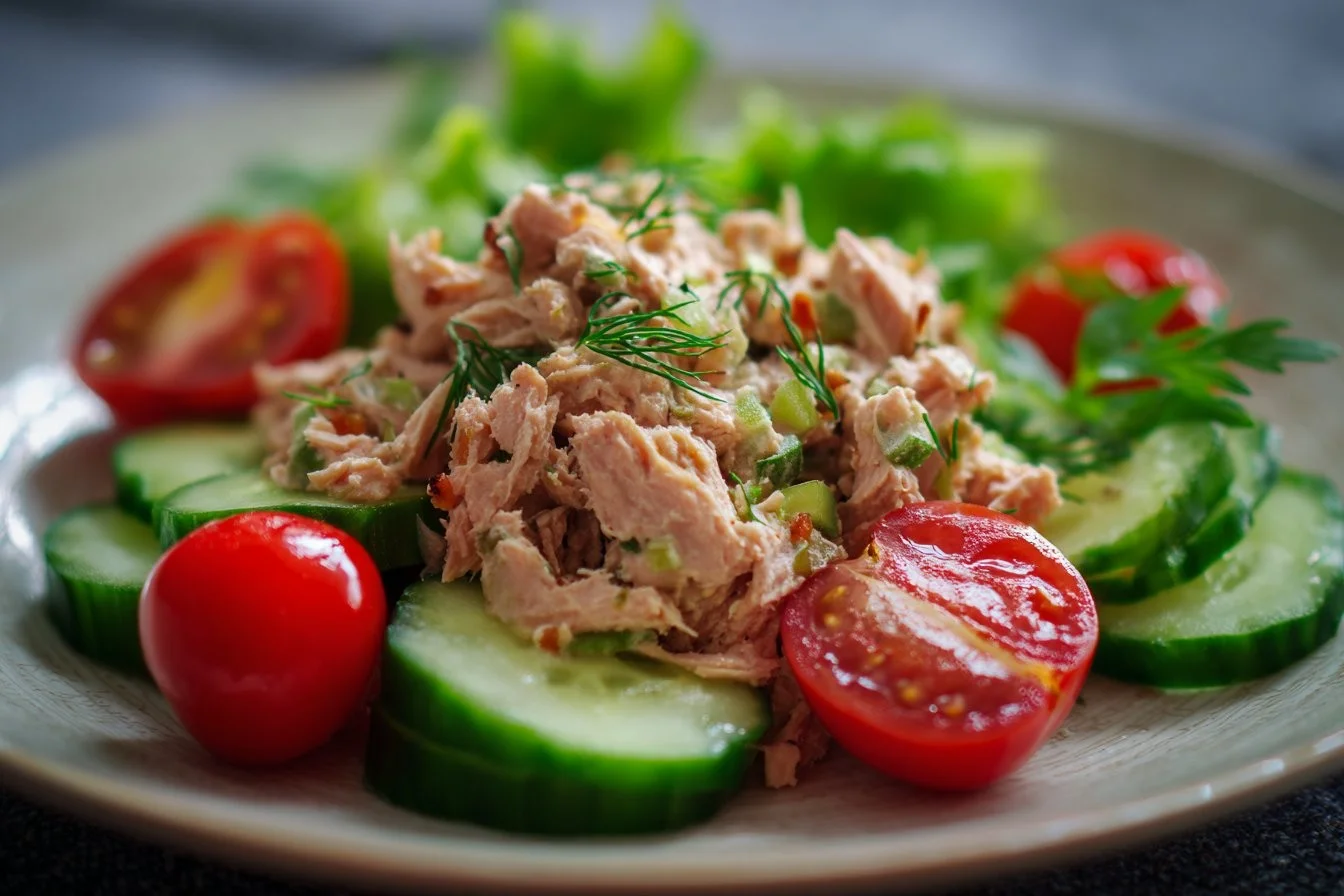 Delicious homemade tuna salad served in a bowl with fresh ingredients.