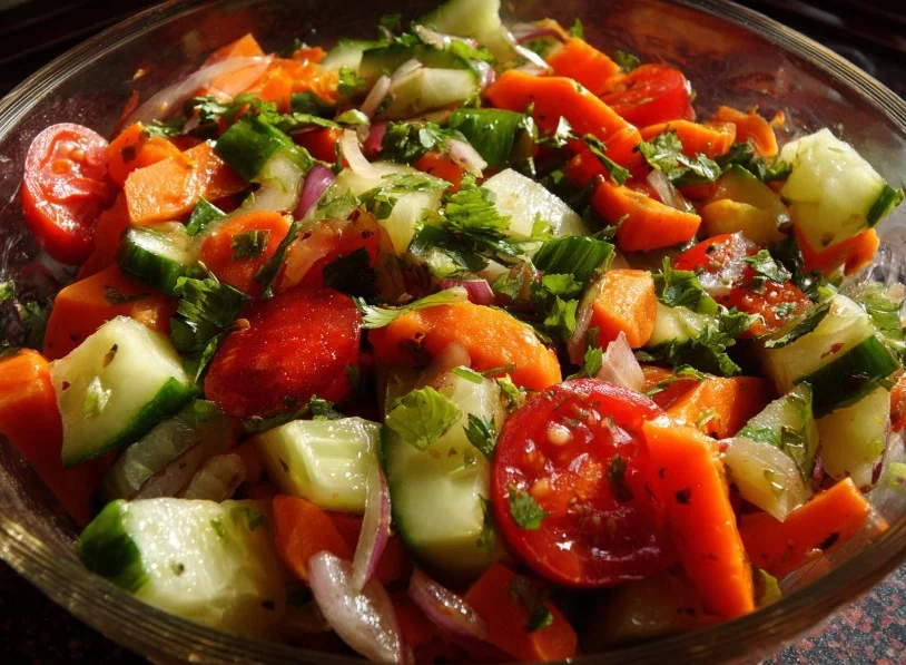 Colorful, fresh vegetable salad with mixed greens, tomatoes, and cucumbers