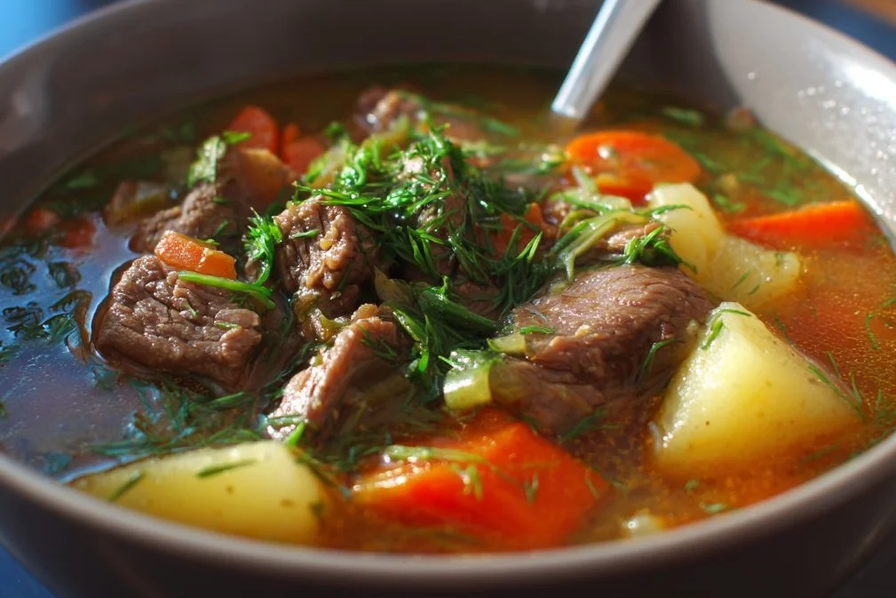 Delicious bowl of Veggie Beef Soup with fresh vegetables and tender beef chunks