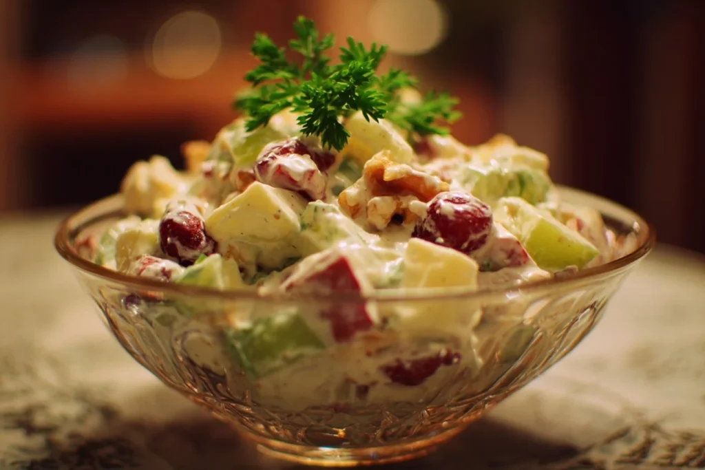 Delicious Waldorf Salad with apples, walnuts, celery, and grapes