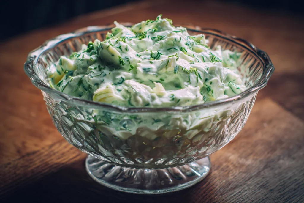 A bowl of Watergate Salad with green color and fruit garnishes