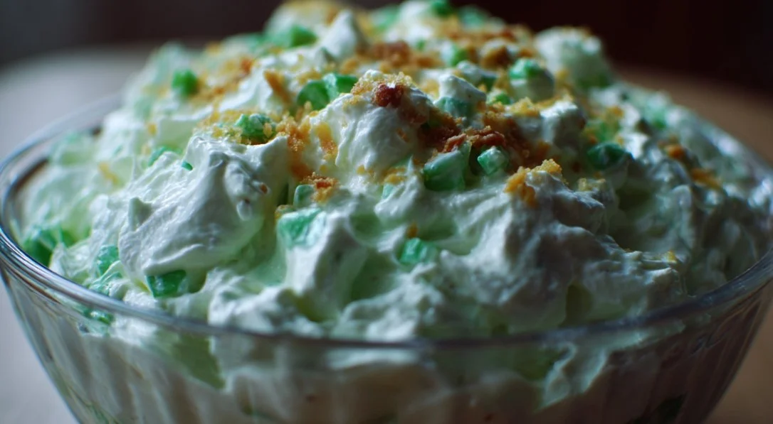 A bowl of colorful Watergate Salad with marshmallows, pineapple, and green pistachio pudding