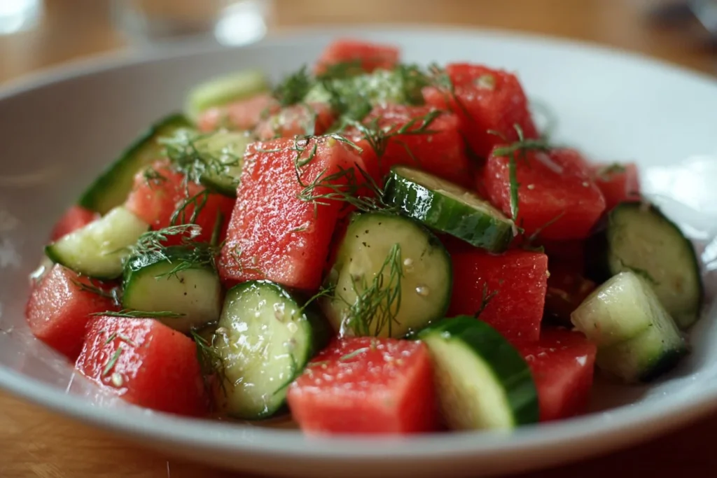 Watermelon cucumber salad with fresh mint and lime dressing