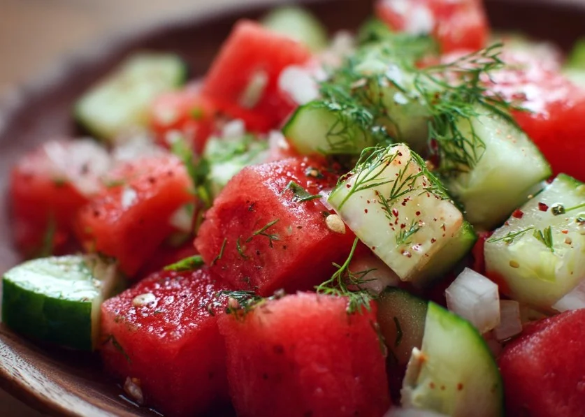 Delicious Watermelon Cucumber Salad served in a bowl with fresh herbs.