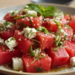 Delicious watermelon feta salad with mint and balsamic glaze