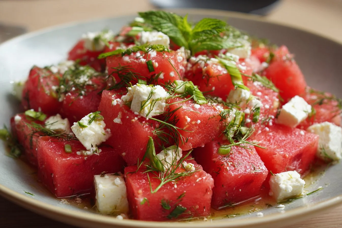 Delicious watermelon feta salad with mint and balsamic glaze