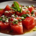 Colorful watermelon salad with feta cheese and mint leaves