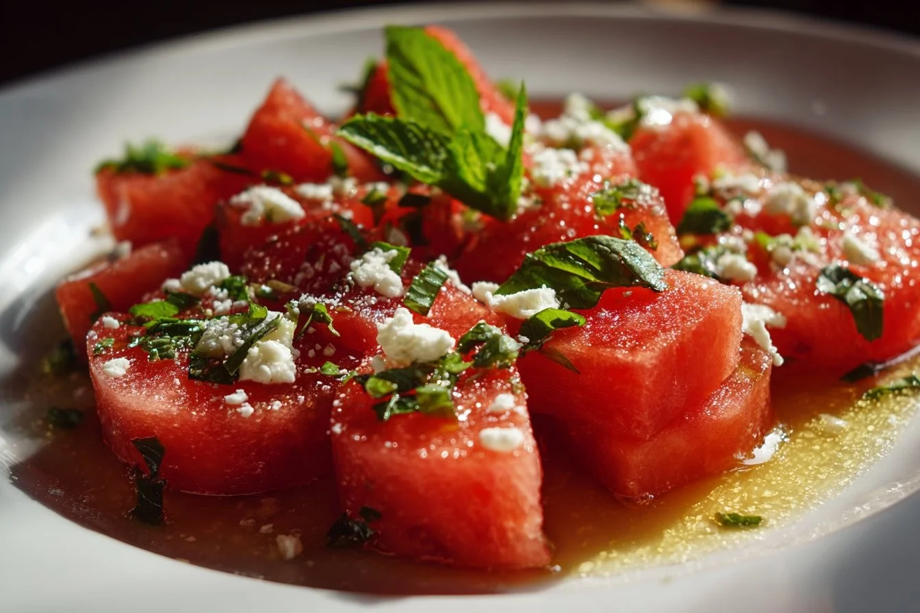Colorful watermelon salad with feta cheese and mint leaves